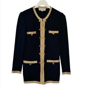 St. John Evening Santana Knit Duster Cardigan Glam Lux Military Nautical Black 2